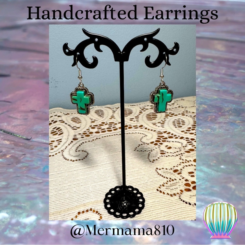 Handcrafted Green Cross Earrings
